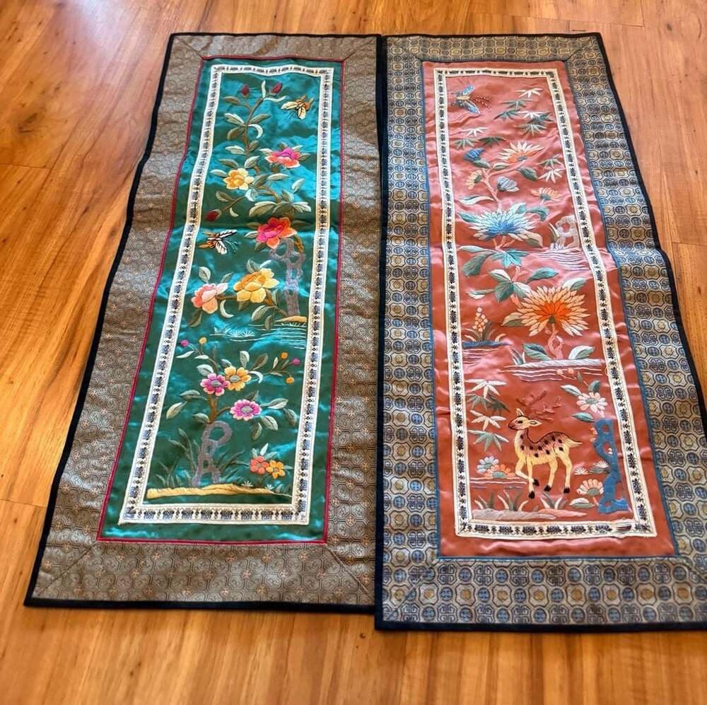 Pair Vintage Chinese Embroidered Textile Panels Floral Bird Deer Brocade 23x9